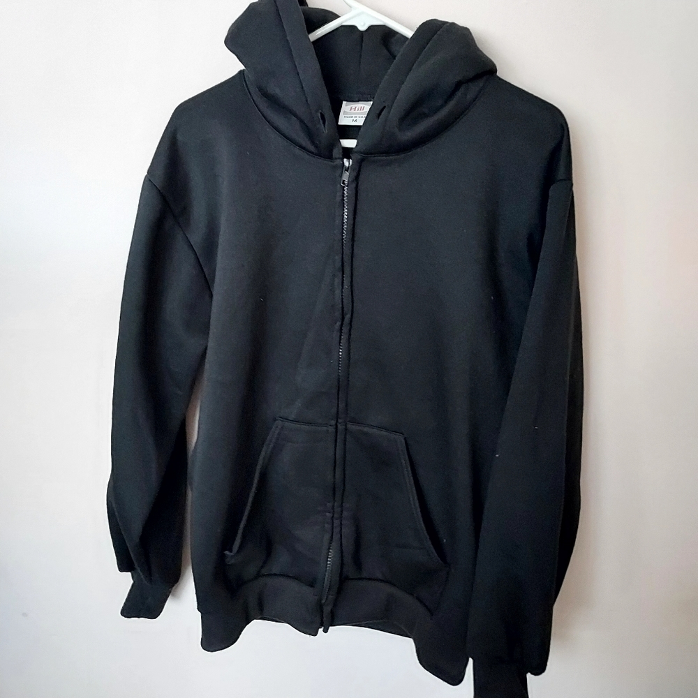 Hill Black zip-up Hooded sweat jacket Medium Casual Minimalist Dark Academia